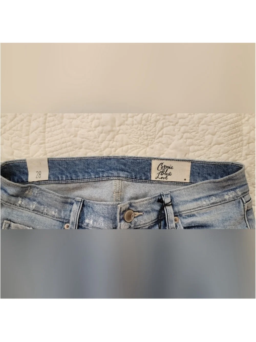 Cosmic Blue Love Distressed Denim Shorts Raw Hem Mid-Rise Summer Size 28